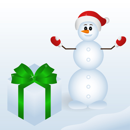 Merry snowman in a red hat with a pompon, red with white mittens, happy with the gift. Snow box gift with ribbon.Gift for Christmas and New Yearのイラスト素材