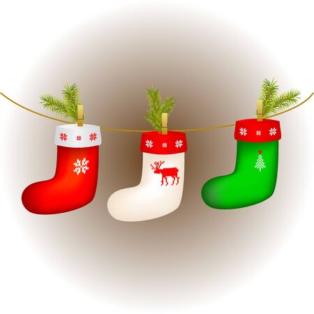 Set of multi-colored Christmas socks for gifts. Hang on the rope and clothespin. Red sock decor snowflake, white sock decor deer, green sock ornament spruce and star. Isolated. Element of decorのイラスト素材