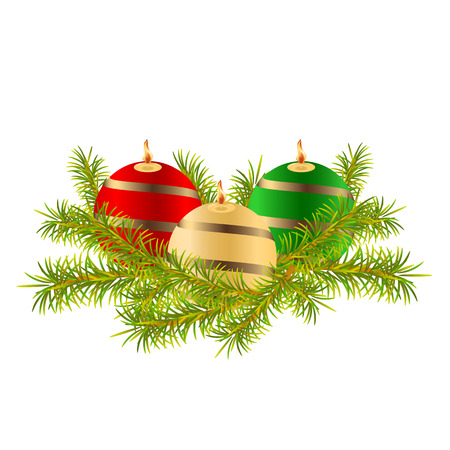 Three burning wax candles ball, multi-colored red, green, yellow. Candle decor with ribbon. Christmas composition with a spruce branch. Element of decor. Isolated. White backgroundのイラスト素材