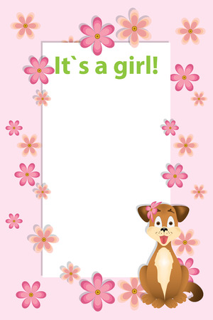 Baby girl shower card. Arrival card with place for your text.Pink floral background with dog. Small pink flowers, cut from paper.Yellow puppy is sitting in the corner. Blank sheet of paper.It`s a girlのイラスト素材