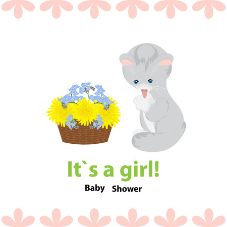 baby shower invitation with cute gray kitten and basket of flowers.Bouquet of blossoming dandelions and forget-me-not.The kitten sits and licks its paw. Frame of pink petals, white background.Isolatedのイラスト素材