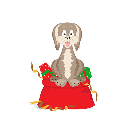 The dog symbol of the year on a Chinese horoscope, sits on a large bag with gift boxes. Cheerful puppy smiles. Decor gold tinsel. Element for the design of a Christmas greeting card. White backgroundのイラスト素材
