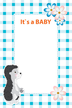 Baby shower card invitation with baby hedgehog. Background checkered, blue white. Free space on the sheet for text. Blank sheet of paper. Small pink flowers and animal, cut from paper.のイラスト素材