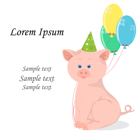 Cute baby pig smiling.Party hat on his head, paws holding a bunch of balloons. Empty space for text, isolated on white background. The design element of children's cards, invitations, baby shower.のイラスト素材