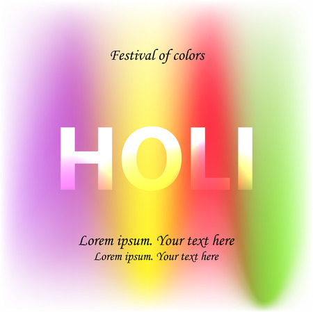Holi is the Indian spring festival of colors greeting vector background with colorful colors.Green, yellow, pink and purple powder paint. Glowing letters in the center, empty space, example text.のイラスト素材