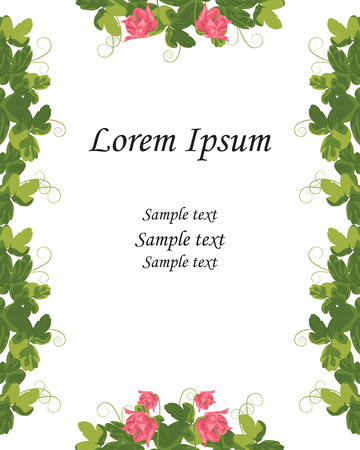 Blooming flowers pink Aquilegia. Greeting card with floral background. Branch green leaves foliage, decorative frame. Watercolor art illustration, vector floral greenery design. Rustic style.Isolatedのイラスト素材