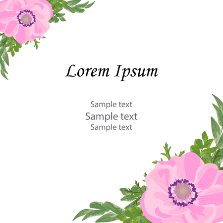Wedding invitation, greeting birthday.Floral design invitation card: green leaves  greenery decoration of Galega,blooming flowers pink Anemone.Empty space for text.Vector, isolated,white backgroundのイラスト素材