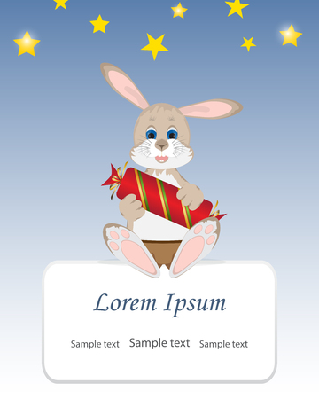 Cute rabbit shorts sitting,holding in paws a big candy.Background,glow bright yellow stars in the night sky.Baby shower template,birthday party,invitation, arrival.Vector illustration.Space for textのイラスト素材