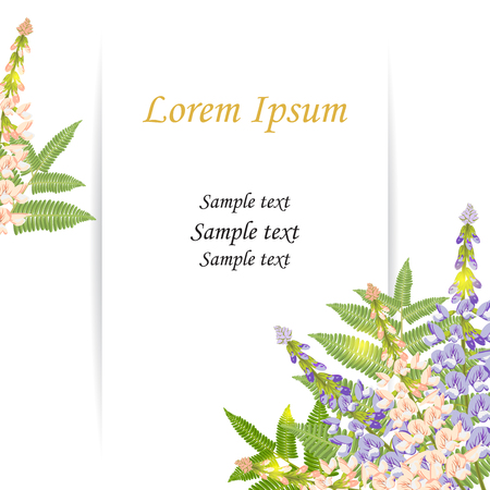 Flower blossom Galega, green branch forest fern.Romantic botanical wedding invitation,save the date, birthday.Vector floral greenery design with leaves elegant herb,foliage frame,border print.Isolatedのイラスト素材