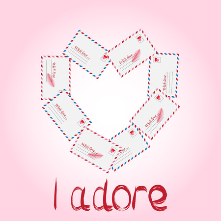 Vector simple envelope with valentine card inside. Illustration of a mail stamp with the image of the heart on the envelope with kiss, text I adore. For design on Valentines Day or wedding printingのイラスト素材