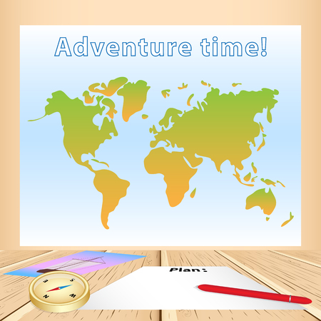 Wooden table with blank sheet of paper to plan journey,red pen,photo picture sailboat,ship,the golden compass,paper world map on the wall.Vector illustration in 3d design.のイラスト素材