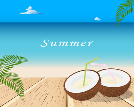 Coconut on the wooden table.Brown coconut cocktail on a beach with drinking straw.Tropic cocktail.Seascape, sandy beach, shore with sea, ocean and blue sky with clouds.Summer beach party flyer.Vectorのイラスト素材