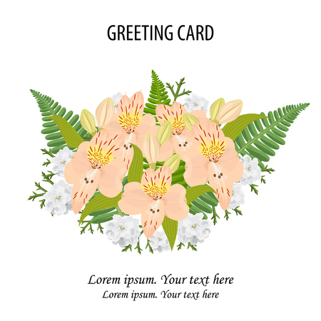 A Vector floral bouquet design.Garden pink peach Alstroemeria flower,branch green fern palm leaves,Achillea ptarmica,yarrow.のイラスト素材