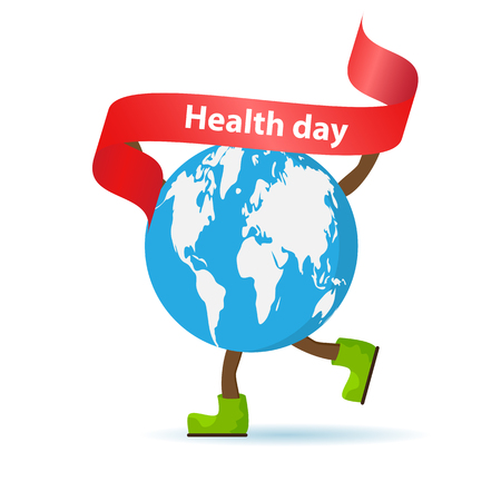 World health day concept with Planet Earth with continents engaged in sports, running in shoes, finish.のイラスト素材