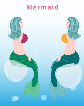 Two cute Mermaid character sitting on the air bubble. vector illustrationのイラスト素材