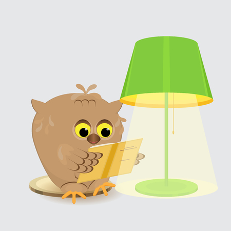 cute wise owl sitting at the lamp with a lampshade and reading a book.Isolated.Gray background.Vector illustrationのイラスト素材