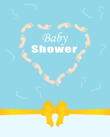 Invitation template, greeting card baby shower, arrival, birth. Blue background with yellow ribbon and bow. The heart is made of children's footprints.のイラスト素材