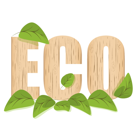 Environmental concept, letters ecology wooden texture with green leaves. Design element, banner vector illustration isolated on white background.のイラスト素材