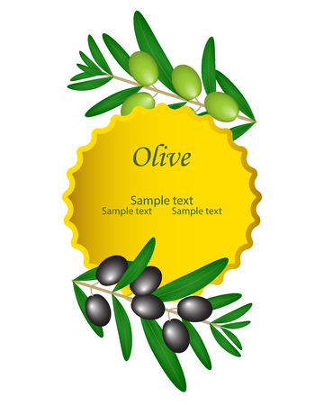 Olive oil vector decorative green and black olive branch, gold circle in the center. For labels, pack isolated on white background.のイラスト素材