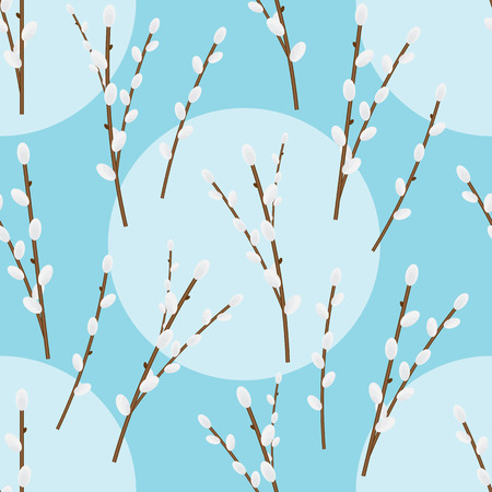 Easter seamless pattern with stylized willow branches. Endless floral texture for your design, announcements, greeting cards, posters, advertisement. Blue background with circles vector illustration.のイラスト素材