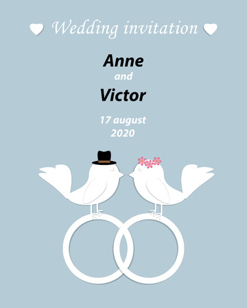 Wedding invitation template with a pair of birds,the bride and groom cut out of paper. Light blue background with rings and hearts on the card.Vector illustrationのイラスト素材