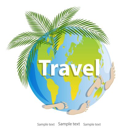 Summer, time to travel. Planet Earth with tropical green leaves and  prints of human footprintsのイラスト素材
