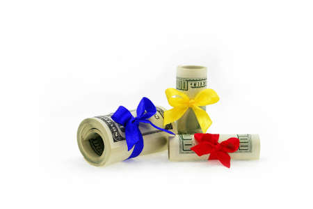 Money gift with color ribbon isolated on a white backgroundの写真素材