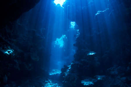 underwater landscape. cave in the coral reef lit sun rays. の写真素材