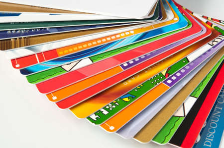 stack plastic credit cards and giftcards, closeupの写真素材
