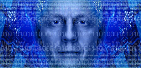Man portrait on background of electronic circuit board and binary code  Toned blue の写真素材
