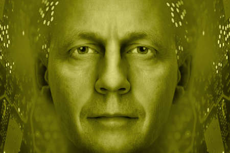Men portrait on a electronic circuit board background  Toned gold の写真素材