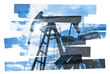 Oil pump abstract composition background. Oil gas ibdustry. Photocollage toned blue.の写真素材
