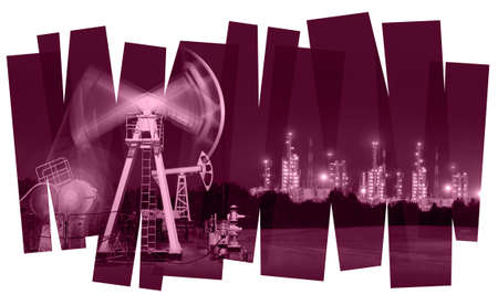 Oil pump and refinery abstract  background. Oil and gas industry. Photo collage toned. Isolate on a white.の写真素材