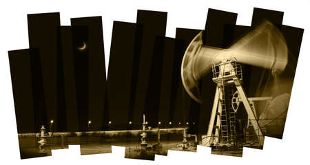 Oil industry abstract composition background. Panorama of a pumpjack. Night view.の写真素材