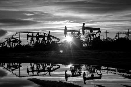 Oil pump jacks at sunset sky background. Black and white.の写真素材