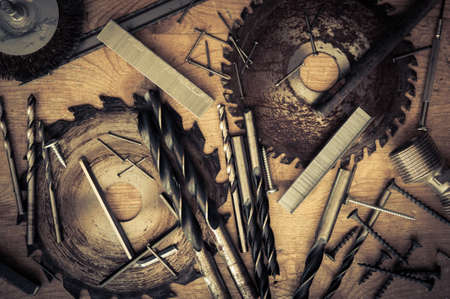 Instruments and tools background. Vintage old desktop. Toned.