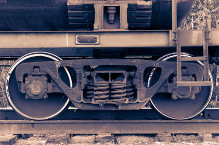 Pair of train wheels. Closeup shot. Railway transportation concept.の写真素材