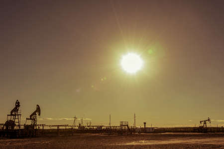 Oil pumps in the oil field. Summer hot sunny day. Seagulls soaring in the sky. Minimalistic industrial landscape.の写真素材