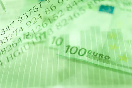 Double exposure Stock market display or forex trading graph and candlestick chart on Euro banknote.の写真素材