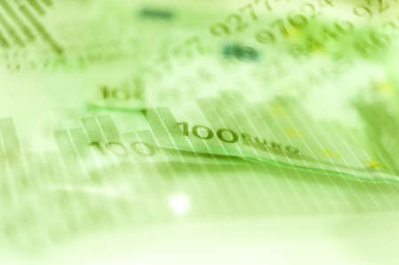 Double exposure Stock market display or forex trading graph and candlestick chart on Euro banknote.の写真素材