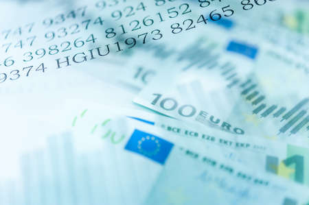 Double exposure Stock market display or forex trading graph and candlestick chart on Euro banknote.の写真素材