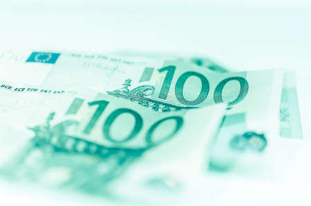 Euro cash background. Banknotes of the european union on a white background. Shallow depth of field.の写真素材