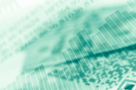 Double exposure Stock market display or forex trading graph and candlestick chart on dollar banknoteの写真素材