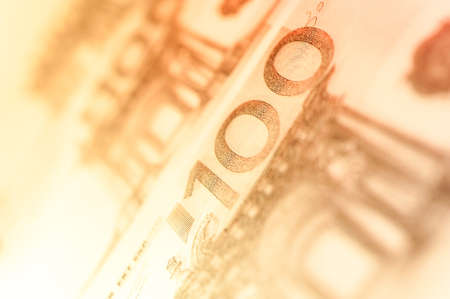 Closeup view of cash money euro bills background. Finance and business theme. Shallow depth of fieldの写真素材