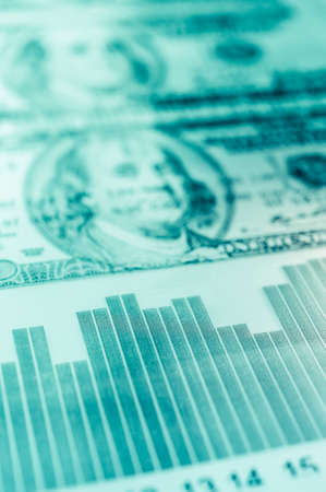 Double exposure Stock market display or forex trading graph and candlestick chart on dollar banknote