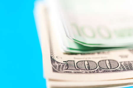 Closeup view of cash money euro and dollars bills background. Finance and business theme.
