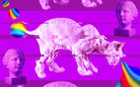 Pink cat and antique head sculpture. Retro wave synth vaporwavet. Concept of memphis style posters.の写真素材