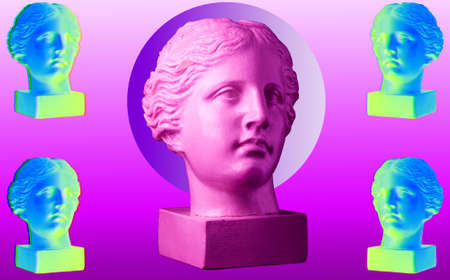 Modern conceptual art poster with five colorful antique bust. Contemporary art collage.