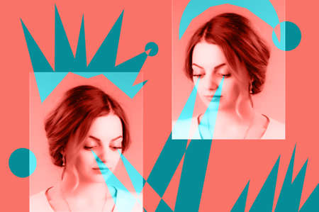 Contemporary art poster abstract collage with attractive woman. Minimal design concept. Modern art.