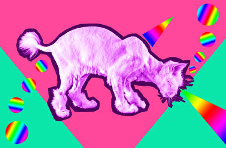 Pink cat with rays from eyes. Retro wave vaporwave portrait of a funny cat. Contemporary art collageの写真素材